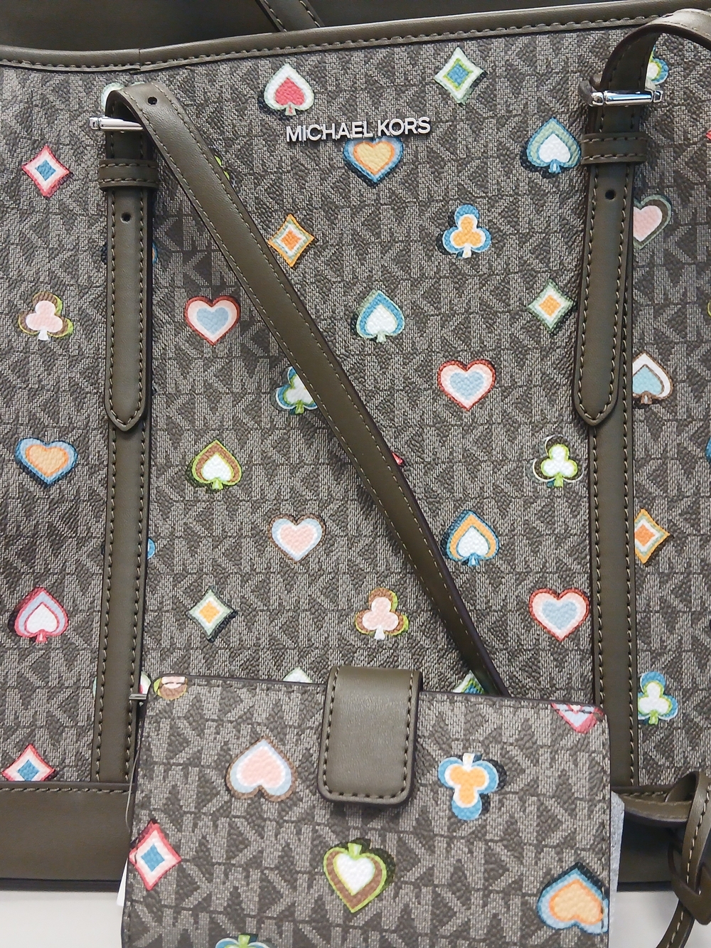 MICHAEL KORS Women's Brown Logo Tote with Multicolor Heart Print